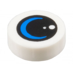 Tile, Round 1 x 1 with Black Lens / Circle with Dots and Blue Crescent Moon Pattern: {бял}