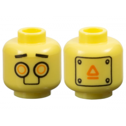 Minifigure, Head Alien Robot Black Straight Eyebrows, Orange Circle Eyes, Warning Panel on Back Pattern: {студено жълт}