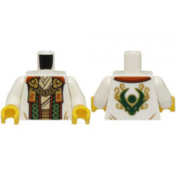 Torso Robe with Dark Green and Dark Orange Trim, Tan Shirt, Gold Chain with Tags with Ninjago Logogram Letter L Pattern / White Arms / Yellow Hands: {бял}