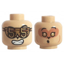 Minifigure, Head Dual Sided Alien Black Eyebrows, Glasses with Number 5, Open Mouth with Teeth / Gold Eyes, Nougat Face, Singing Pattern - Hollow Stud: {тухлено жълт}