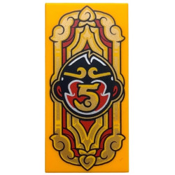 Tile 2 x 4 with Banner with Ornaments and Black and Red Monkie Kid Head Logo with Gold Number 5 Pattern: {огнено жълто-оранжев}
