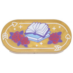 Tile, Round 2 x 4 Oval with Red Roses with Dark Purple Leaves, Medium Blue and Dark Purple Books with White Pages, Arrows with Hearts Pattern: {топло златист}