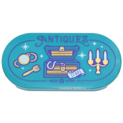 Tile, Round 2 x 4 Oval with Gold Treasure Chest, Watch, Fork, and Candelabra, White Sparkles and 'STORE' Banner and Dark Purple 'ANTIQUES' Pattern: {ярко синьо-зелен}