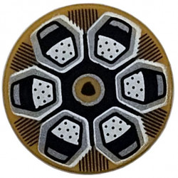 Tile, Round 2 x 2 with Bottom Stud Holder with Wheel Rim with Silver Hexagonal Spokes, Black Lines and Lamborghini Logo Pattern: {топло златист}