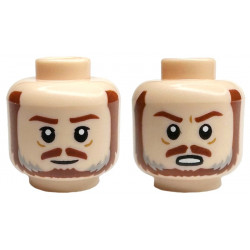 Minifigure, Head Dual Sided Reddish Brown Eyebrows, Moustache and Beard with Light Bluish Gray Highlights, Grin / Angry Open Mouth with Teeth Pattern: {светло нуга}