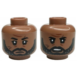 Minifigure, Head Dual Sided Black Eyebrows, Upper Eyelids, Moustache and Beard, Reddish Brown Wrinkles, Dark Brown Scars, Furrowed Brow, Frown / Angry Open Mouth with Top Teeth Pattern: {умерено кафяв}
