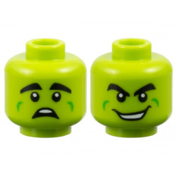 Minifigure, Head Dual Sided Alien, Thick Black Eyebrows, Bright Green Cheek Dimples, Scared / Wide Grin with Teeth Pattern: {ярко жълто-зелен}