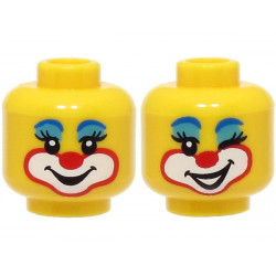 Minifigure, Head Dual Sided Female Clown Blue Eyebrows, Medium Azure Eye Shadow, Red Nose, Smile / Open Mouth and Wink Pattern (BAM): {ярко жълт}