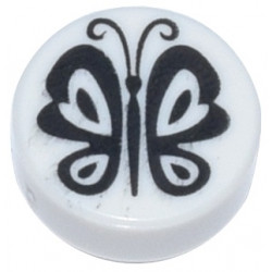 Tile, Round 1 x 1 with Black Butterfly Pattern: {бял}