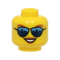 Minifigure, Head Female Dark Orange Eyebrows and Lips, Sunglasses with Dark Blue Skyline Reflections, Open Mouth Smile with Teeth Pattern (BAM): {ярко жълт}