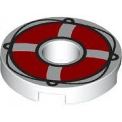 Tile, Round 2 x 2 with Hole with Red Life Preserver with Black Loops and String Pattern: {бял}