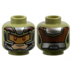 Minifigure, Head Armor, Medium Nougat Visor, Light Nougat Face with Grin, Silver and Reddish Brown Trim Pattern: {маслинено зелен}
