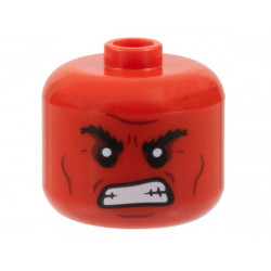 Minifigure, Head, Modified Giant Black Bushy Eyebrows, Dark Red Cheek Lines, Chin Dimple, and Furrowed Brow, Open Mouth Gritted Teeth Pattern - Vented Stud: {ярко червен}