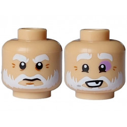 Minifigure, Head Dual Sided White Thick Eyebrows, Moustache and Beard, Dark Orange Wrinkles, Black Eyes and Mouth Closed Angry / Open Black Tooth, Medium Lavender Left Eye Contour Pattern: {умерен тан}