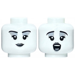 Minifigure, Head Dual Sided Female Black Eyebrows, Eyelashes, Light Bluish Gray Eye Shadow, Dark Silver Lips, Open Mouth Singing / Closed Mouth Smile Pattern: {бял}