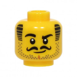 Minifigure, Head Black Eyebrows, Curly Moustache, and Striped Sideburns, Dark Tan Stubble, Medium Nougat Chin Dimple, Grin Pattern - Vented Stud: {ярко жълт}