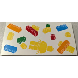 Tile 8 x 16 with Bottom Tubes, Textured Surface with Yellow, Orange, Dark Azure, Red and Bright Green Floating Bricks and Minifigure Pattern: {бял}