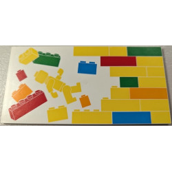Tile 8 x 16 with Bottom Tubes, Textured Surface with Yellow, Orange, Dark Azure, Red and Bright Green Bricks, Brick Wall and Minifigure Pattern Model Right Side: {бял}