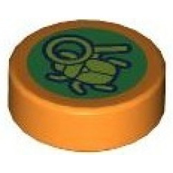Tile, Round 1 x 1 with Olive Green Beetle and Magnifying Glass on Green Background Pattern: {ярко оранжев}