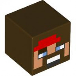 Minifigure, Head, Modified Cube with Pixelated Nougat Face, Beard, Red Bandana, Medium Blue Eyes, Mouth with White Teeth Pattern (Minecraft Swashbuckler): {тъмно кафяв}