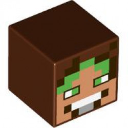 Minifigure, Head, Modified Cube with Pixelated Nougat Face, Bright Green Eyes and Hair, Light Bluish Gray Mouth with White Teeth Pattern (Minecraft Wolf Tamer): {червеникаво-кафяв}