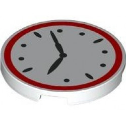 Tile, Round 3 x 3 with Clock Face with Red Border and Black Hands Pattern: {бял}