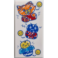 Tile 2 x 4 with Orange, Red, Blue and Yellow Drawings of Happy Fox, Angry Ladybug, Sad Bee and Smiley Faces Pattern: {бял}