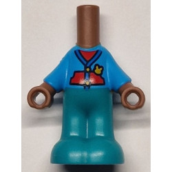 Micro Doll, Body with Molded Dark Azure Top and Dark Turquoise Pants and Printed Blue Jacket Hems over Red Top, Pockets and Bright Light Orange Buttons and Rabbit Pattern: {умерено кафяв}