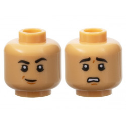 Minifigure, Head Dual Sided Black Eyebrows, Eyelids, Dark Orange Chin Dimple, Smirk / Scared Open Mouth with Teeth Pattern: {умерен тан}