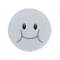Tile, Round 3 x 3 with Black Eyes, Dark Bluish Gray Smile and Cheeks Pattern (Super Mario Lakitu Cloud Face): {бял}