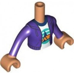 Torso Mini Doll Girl Dark Purple Hoodie over White Shirt with Orange Tent, Dark Blue Trees, Dark Turquoise Sky and Ground Pattern, Nougat Arms with Hands with Dark Purple Long Sleeves: {нуга}
