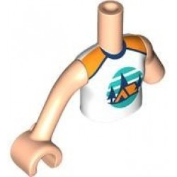 Torso Mini Doll Girl White Sleeveless Top with Orange Tent, Dark Blue Trees, Dark Turquoise Sky and Ground Pattern, Light Nougat Arm Left, Light Nougat Arm with Hand Right: {светло нуга}