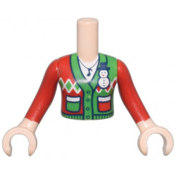 Torso Mini Doll Girl Red and Bright Green Cardigan Holiday Sweater with Pockets and Snowman Pin Pattern, Dark Blue Music Note Pendant, Light Nougat Arms with Hands with Red Sleeves: {светло нуга}
