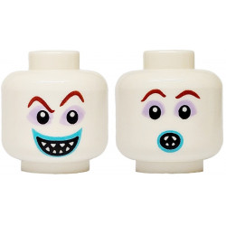Minifigure, Head Dual Sided Alien Dark Red Eyebrows, Lavender Sunken Eyes, Medium Azure Lips, Grin with Pointed Teeth / Surprised Open Mouth Pattern: {бял}