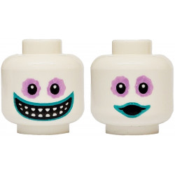 Minifigure, Head Dual Sided Alien Medium Lavender Sunken Eyes, Dark Turquoise Lips, Wide Grin with Pointed Teeth / Surprised Open Mouth Pattern: {бял}
