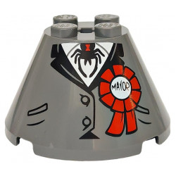 Cone 4 x 4 x 2 with Axle Hole with Jacket with Buttons and Pockets over White Shirt, Black Spider and 'MAYOR' on Red Award Ribbon Pattern: {тъмно каменно сив}