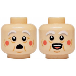 Minifigure, Head Dual Sided White and Light Bluish Gray Bushy Eyebrows, Medium Nougat Wrinkles and Crow's Feet, Coral Cheeks, Surprised / Open Mouth with Teeth and Tongue Pattern: {светло нуга}