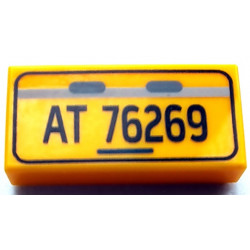 Tile 1 x 2 with License Plate Black 'AT 76269' Pattern: {огнено жълто-оранжев}