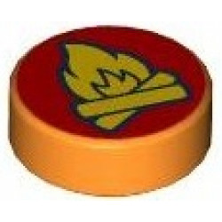 Tile, Round 1 x 1 with Yellow Campfire on Red Background Pattern: {ярко оранжев}