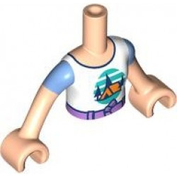 Torso Mini Doll Girl White T-Shirt with Orange Tent, Dark Blue Trees, Dark Turquoise Sky and Ground, Medium Lavender Belt Pattern, Light Nougat Arms with Hands with Medium Blue Short Sleeves: {светло нуга}