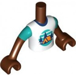 Torso Mini Doll Boy White T-Shirt with Orange Tent, Dark Blue Trees, Dark Turquoise Sky and Ground Pattern, Reddish Brown Arms with Hands with Dark Turquoise Short Sleeves: {червеникаво-кафяв}
