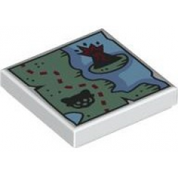 Tile 2 x 2 with Map of Coastline with Sand Green Land, Erupting Volcano on Island, Black Red Panda Head and Dark Red Dotted Line Pattern: {бял}
