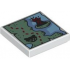Tile 2 x 2 with Map of Coastline with Sand Green Land, Erupting Volcano on Island, Black Red Panda Head and Dark Red Dotted Line Pattern: {бял}