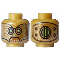 Minifigure, Head Alien Dark Orange Monocles, Lime Eyes, White Glints, Black Outline and Gold Panel with Rivets on Back Pattern: {топло златист}