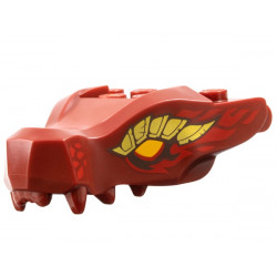 Dragon Head (Ninjago) Jaw with 2 Bar Handles on Back with Bright Light Orange Eyes, Gold Scales, and Black and Red Flames Pattern: {нов тъмно червен}
