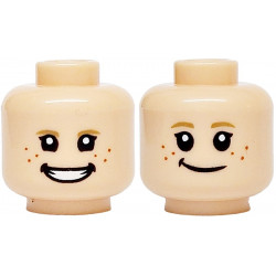 Minifigure, Head Dual Sided Dark Tan Eyebrows, Black Eyes, Dark Orange Freckles, Open Mouth Grin with White Teeth / Smile Pattern: {светло нуга}