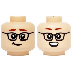Minifigure, Head Dual Sided Black Glasses, Reddish Brown Eyebrows, Lopsided Smile / Open Mouth Grin with White Teeth Pattern: {светло нуга}