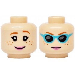 Minifigure, Head Dual Sided Female, Dark Orange Eyebrows and Freckles, Bright Pink Lips, Smile / Medium Azure Sunglasses with Black Lenses Pattern: {светло нуга}