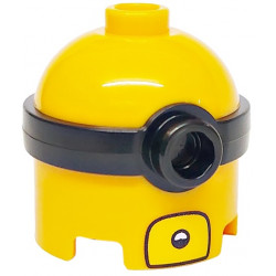 Minifigure, Head, Modified Minion, Tall with Molded Black Single Lens Goggles and Printed Open Yellow Mouth with White Teeth Pattern: {огнено жълто-оранжев}