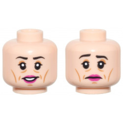 Minifigure, Head Dual Sided Female Black Eyebrows, Upper Eyelids, Medium Nougat Eye Shadow, Cheek Lines, Wrinkles, and Chin Dimple, Magenta Lips, Open Mouth Smile with Teeth / Sad Frown Pattern: {светло нуга}